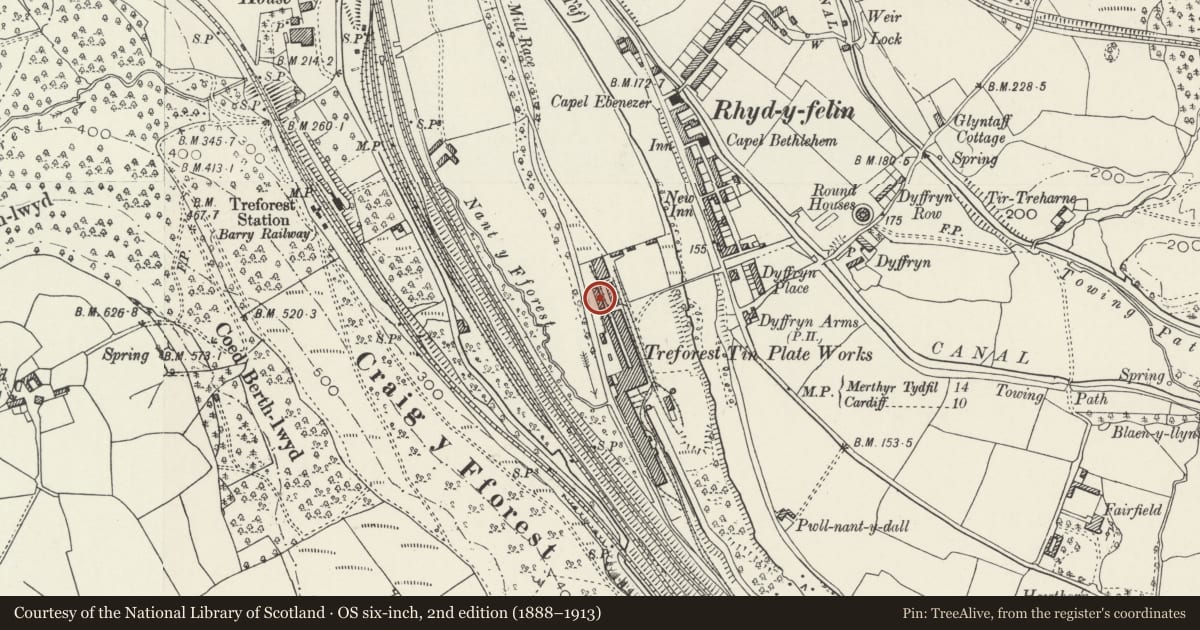 Ordnance Survey six-inch map, 2nd edition (1888–1913) covering the location of Workshop NW of Tinning House at Treforest Tinplate Works, Pontypridd, Rhondda Cynon Taff, with a pin at the register's coordinates
