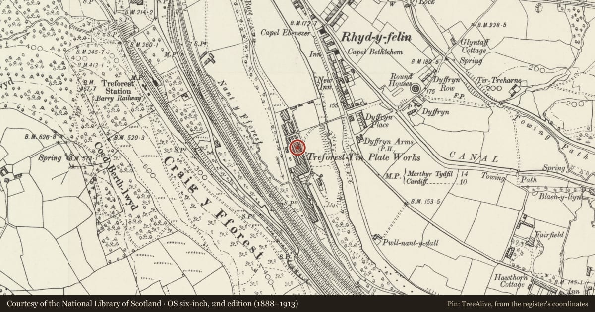 Ordnance Survey six-inch map, 2nd edition (1888–1913) covering the location of Former Tinning House at Treforest Tinplate Works, Pontypridd, Rhondda Cynon Taff, with a pin at the register's coordinates