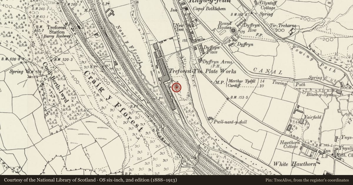 Ordnance Survey six-inch map, 2nd edition (1888–1913) covering the location of Former Smithy at Treforest Tinplate Works, Pontypridd, Rhondda Cynon Taff, with a pin at the register's coordinates