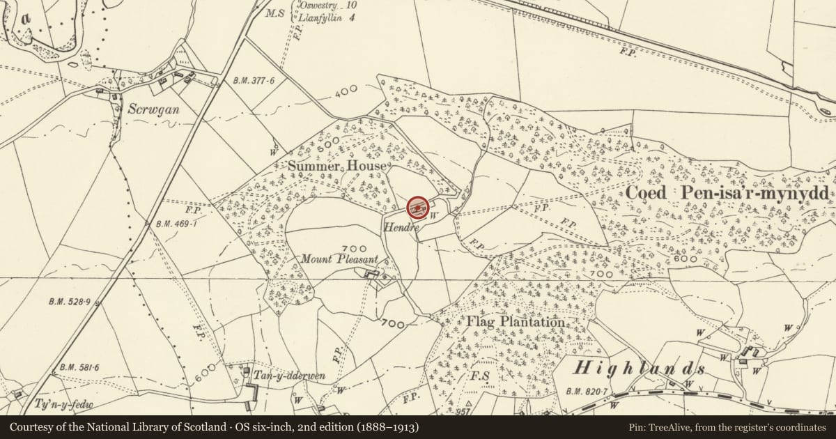 Ordnance Survey six-inch map, 2nd edition (1888–1913) covering the location of Hendre, Llangedwyn, Powys, with a pin at the register's coordinates