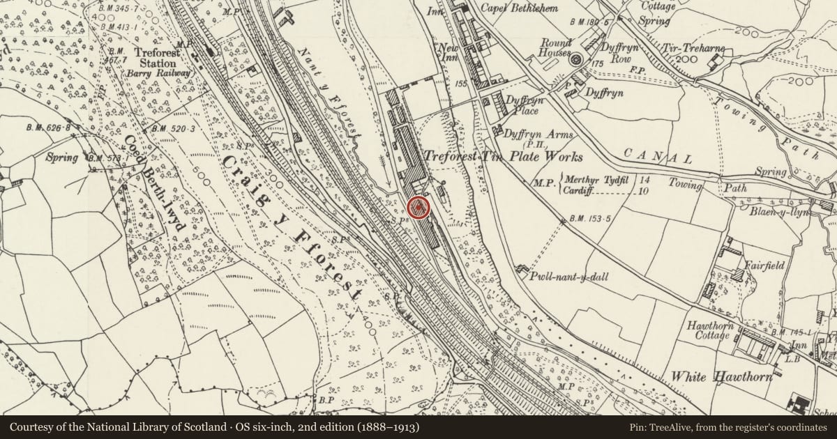 Ordnance Survey six-inch map, 2nd edition (1888–1913) covering the location of Former Rolling Mill at Treforest Tinplate Works, Pontypridd, Rhondda Cynon Taff, with a pin at the register's coordinates