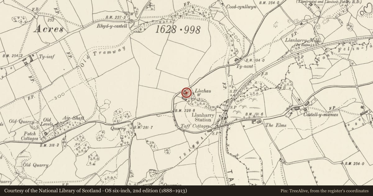 Ordnance Survey six-inch map, 2nd edition (1888–1913) covering the location of Llechau, Llanharry, Rhondda Cynon Taff, with a pin at the register's coordinates