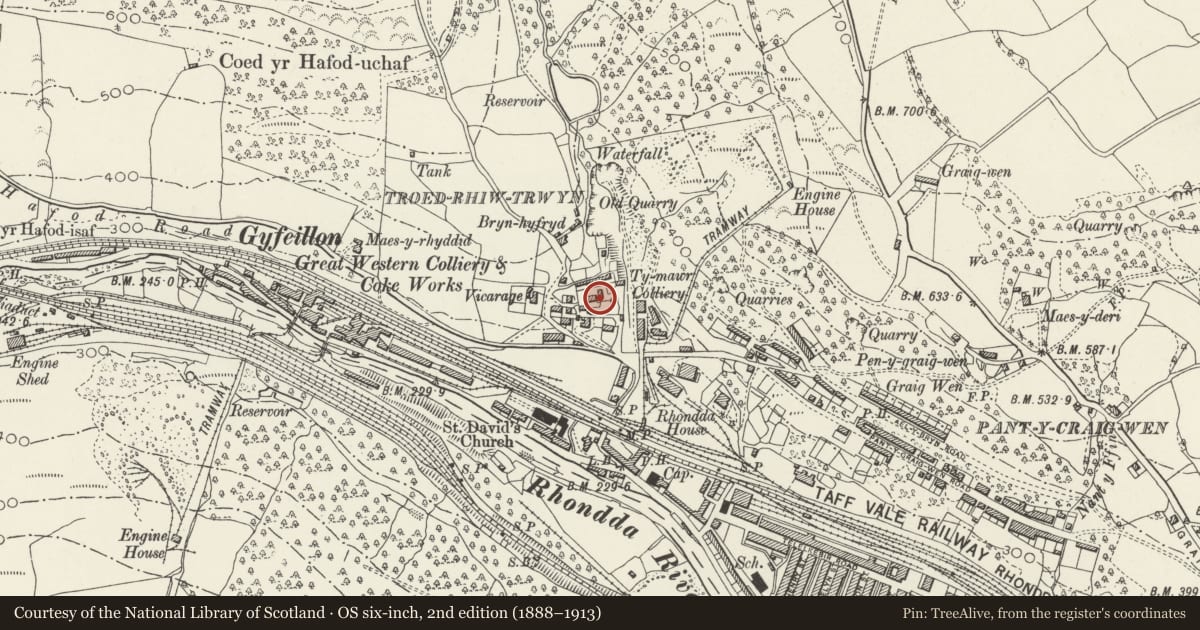Ordnance Survey six-inch map, 2nd edition (1888–1913) covering the location of Troedrhiwtrwyn Farm, Pontypridd, Rhondda Cynon Taff, with a pin at the register's coordinates