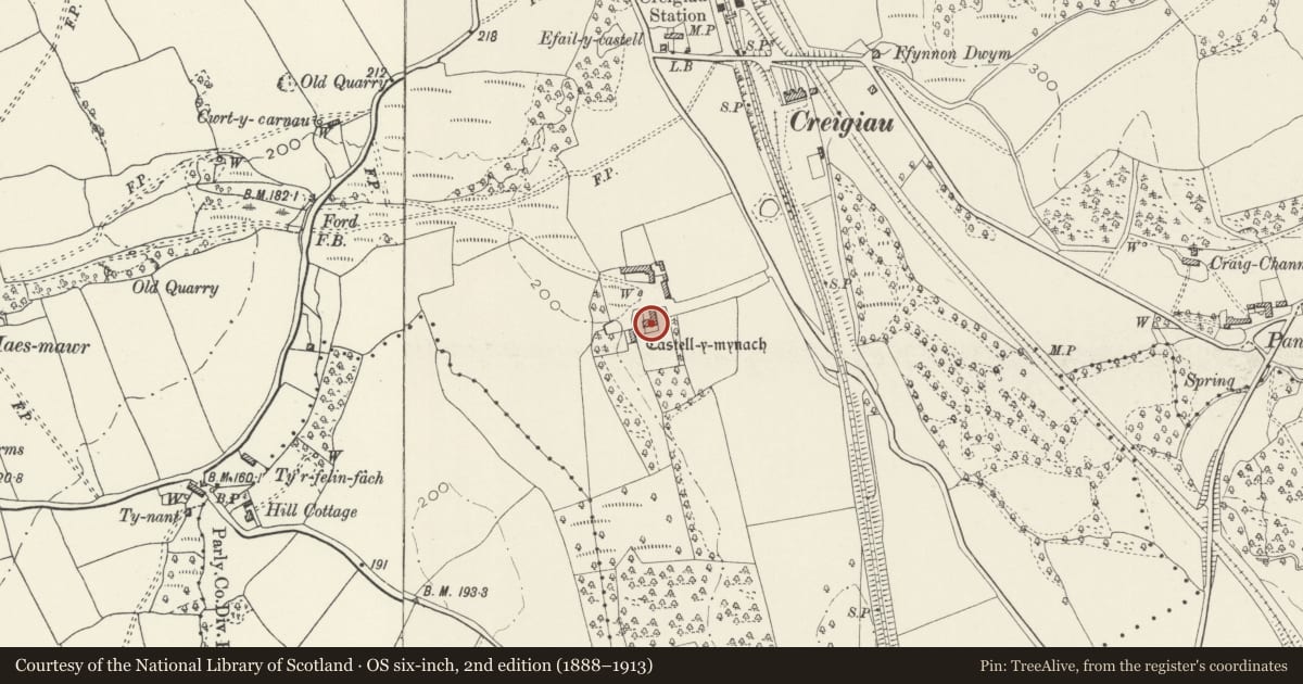 Ordnance Survey six-inch map, 2nd edition (1888–1913) covering the location of Castell-y-mynach, Pentyrch, Cardiff, with a pin at the register's coordinates