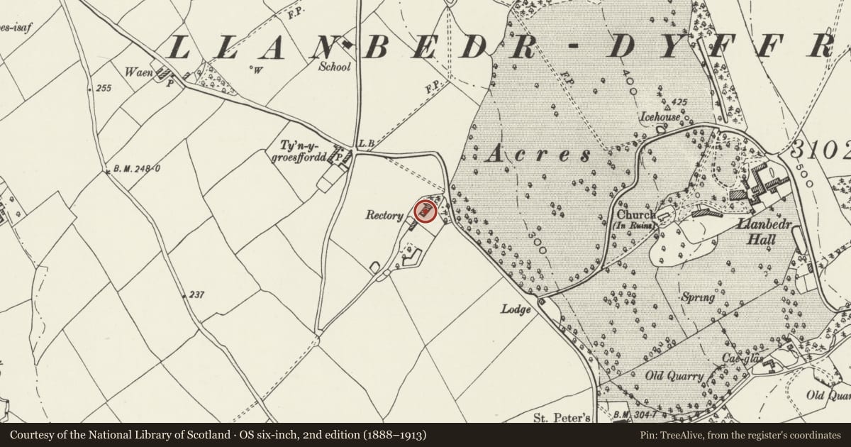 Ordnance Survey six-inch map, 2nd edition (1888–1913) covering the location of Old Rectory, Llanbedr Dyffryn Clwyd, Denbighshire, with a pin at the register's coordinates