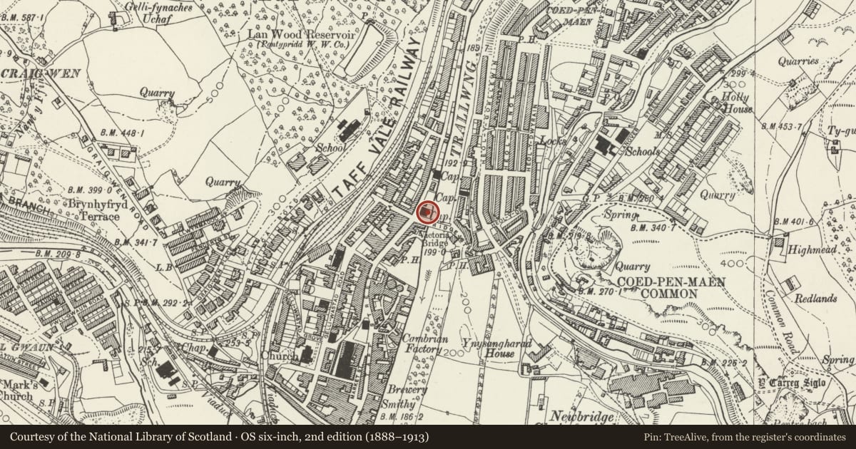 Ordnance Survey six-inch map, 2nd edition (1888–1913) covering the location of The Pontypridd Museum (formerly Tabernacle Baptist Chapel), Rhondda Cynon Taff, with a pin at the register's coordinates