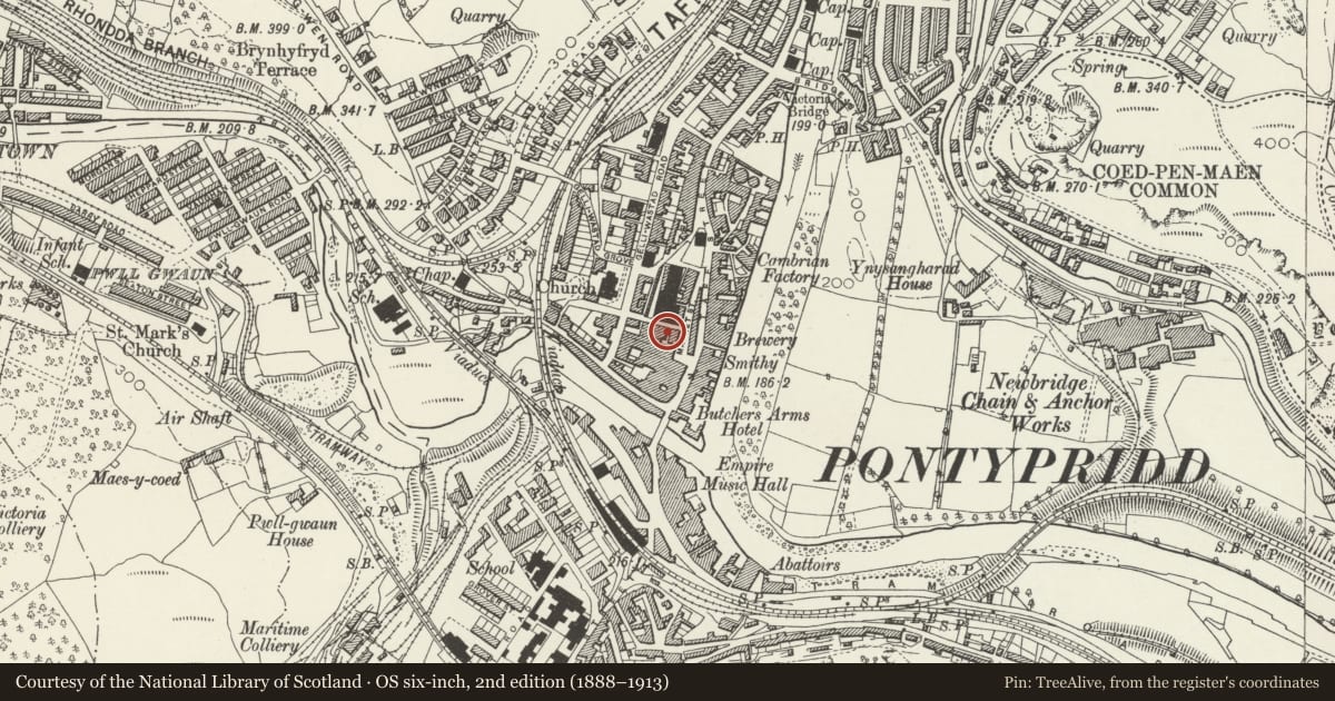 Ordnance Survey six-inch map, 2nd edition (1888–1913) covering the location of 4-8 Church Street, Pontypridd, Rhondda Cynon Taff, with a pin at the register's coordinates