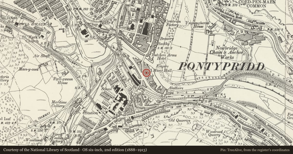 Ordnance Survey six-inch map, 2nd edition (1888–1913) covering the location of The Criterion Public House, Pontypridd, Rhondda Cynon Taff, with a pin at the register's coordinates