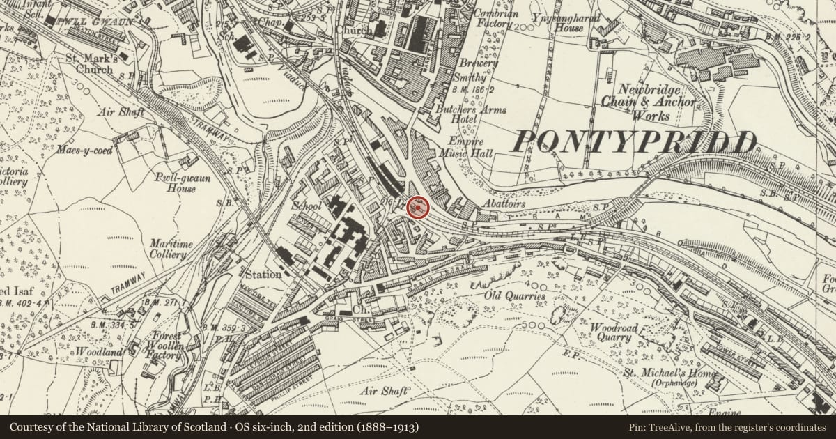 Ordnance Survey six-inch map, 2nd edition (1888–1913) covering the location of Pontypridd Railway Station Main Platform including buildings and canopy, Rhondda Cynon Taff, with a pin at the register's coordinates