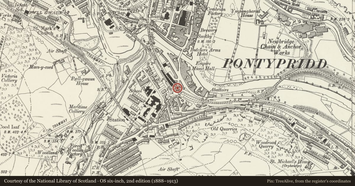Ordnance Survey six-inch map, 2nd edition (1888–1913) covering the location of Railway Bridge beneath Pontypridd Railway Station, Rhondda Cynon Taff, with a pin at the register's coordinates