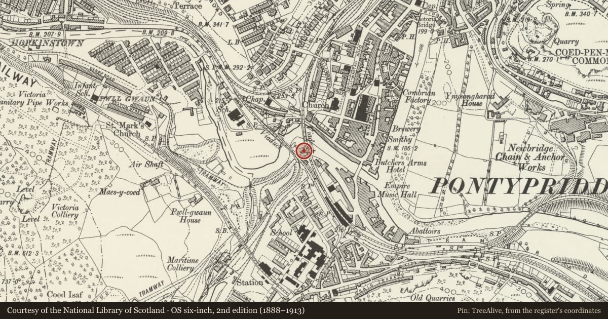 Ordnance Survey six-inch map, 2nd edition (1888–1913) covering the location of Rhondda Branch Junction Signal Box, Pontypridd, Rhondda Cynon Taff, with a pin at the register's coordinates