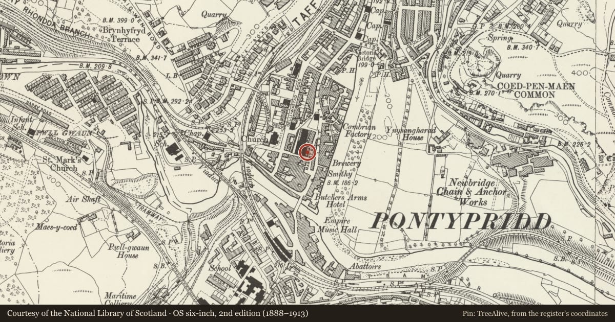 Ordnance Survey six-inch map, 2nd edition (1888–1913) covering the location of Market Chambers, Pontypridd, Rhondda Cynon Taff, with a pin at the register's coordinates