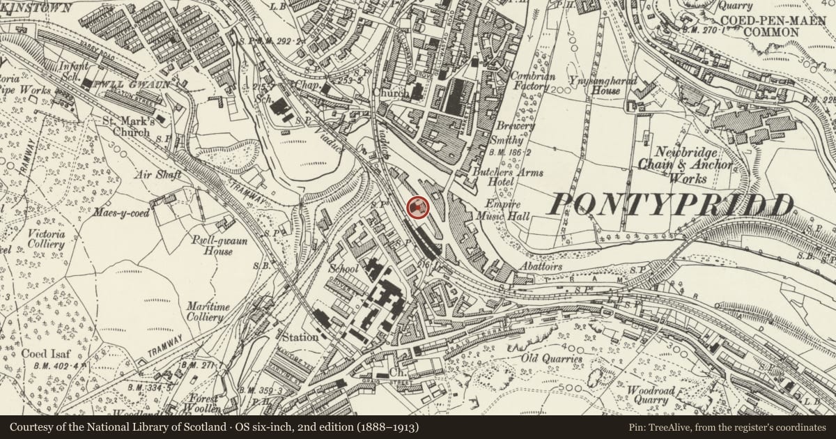 Ordnance Survey six-inch map, 2nd edition (1888–1913) covering the location of Eglwys Gymraeg Sardis (Sardis Chapel), Pontypridd, Rhondda Cynon Taff, with a pin at the register's coordinates
