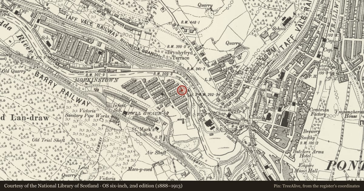 Ordnance Survey six-inch map, 2nd edition (1888–1913) covering the location of Merlin Hotel, Pontypridd, Rhondda Cynon Taff, with a pin at the register's coordinates