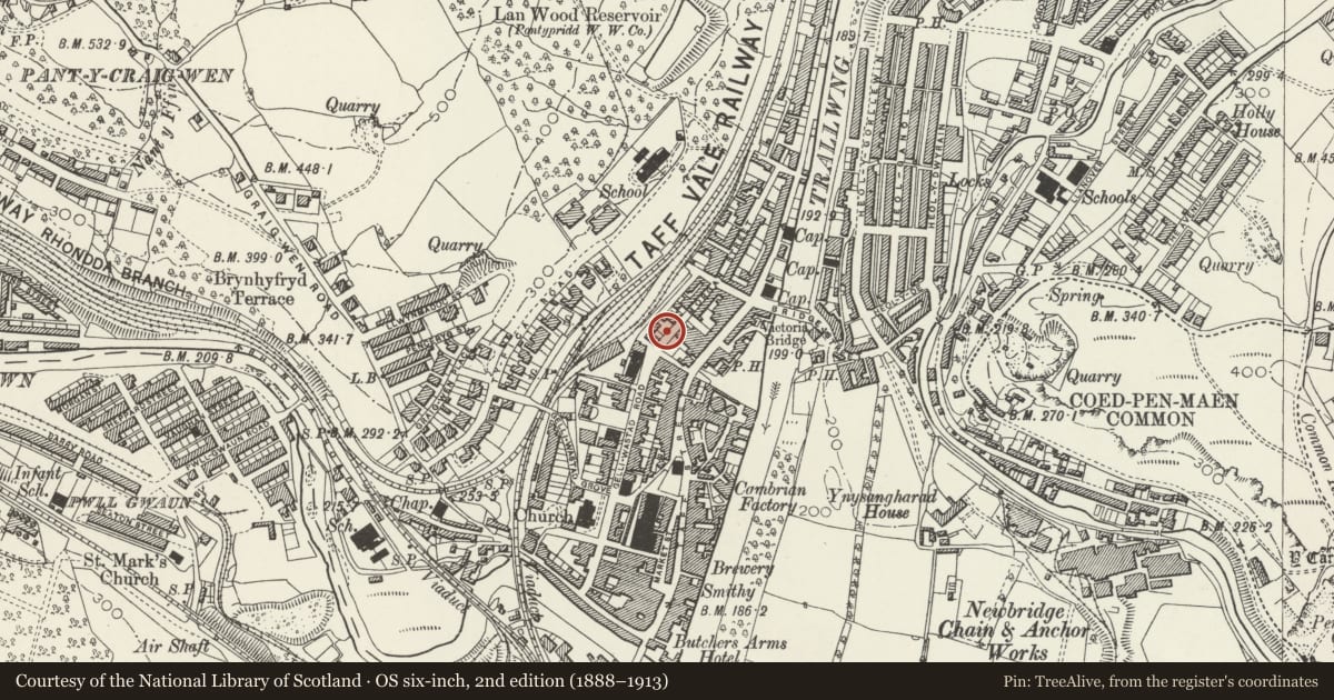 Ordnance Survey six-inch map, 2nd edition (1888–1913) covering the location of Municipal Buildings, Pontypridd, Rhondda Cynon Taff, with a pin at the register's coordinates