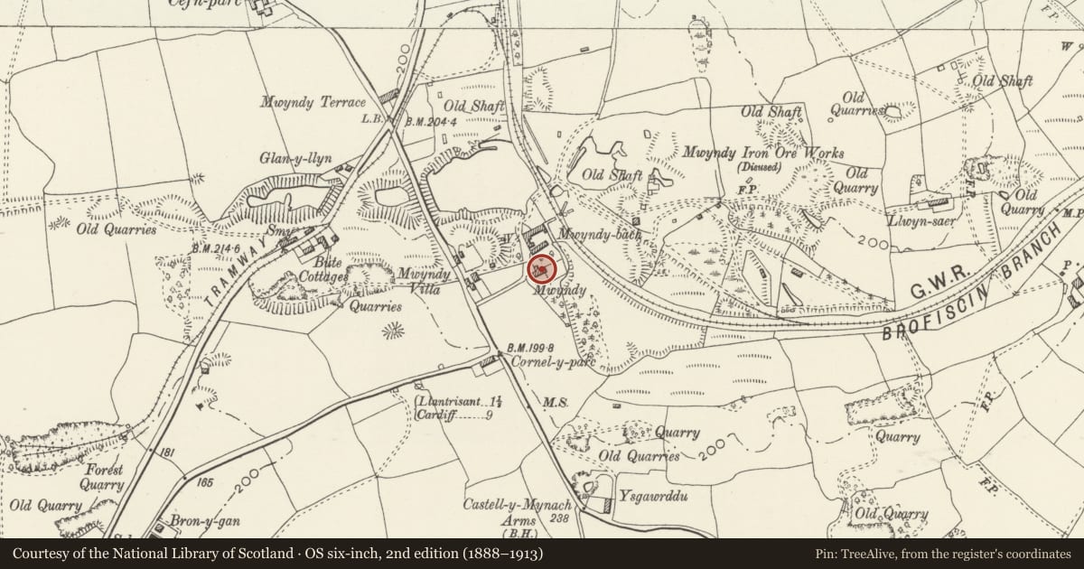 Ordnance Survey six-inch map, 2nd edition (1888–1913) covering the location of Mwyndy House, Pont-y-Clun, Rhondda Cynon Taff, with a pin at the register's coordinates