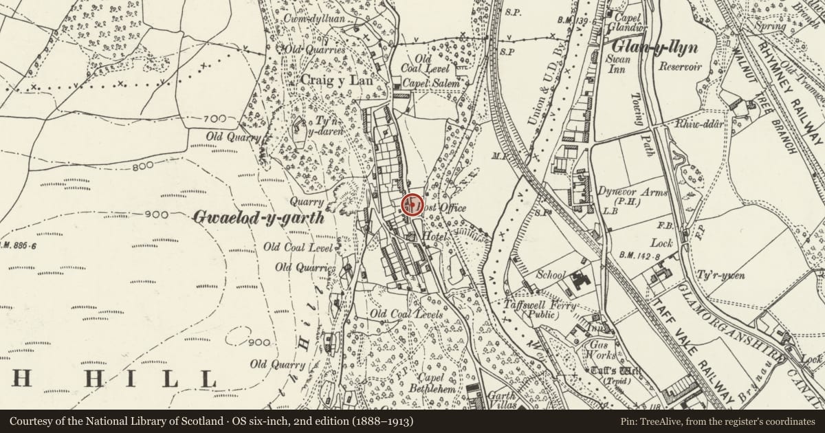 Ordnance Survey six-inch map, 2nd edition (1888–1913) covering the location of Telephone Call-box, Pentyrch, Cardiff, with a pin at the register's coordinates
