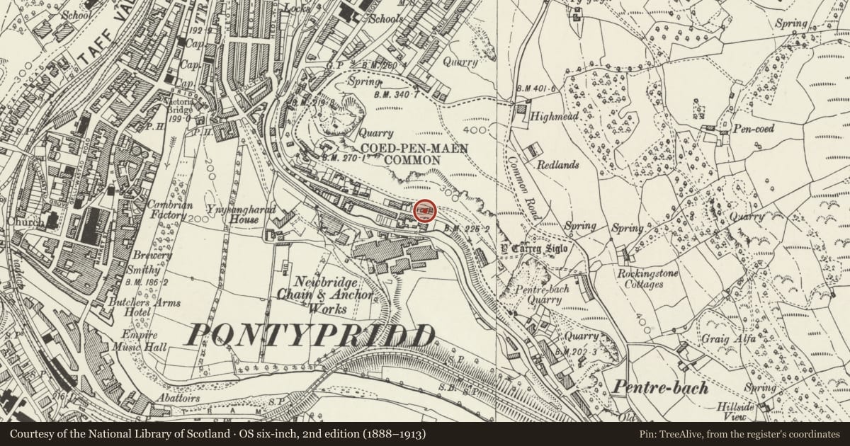 Ordnance Survey six-inch map, 2nd edition (1888–1913) covering the location of Former Mission Hall, Pontypridd, Rhondda Cynon Taff, with a pin at the register's coordinates