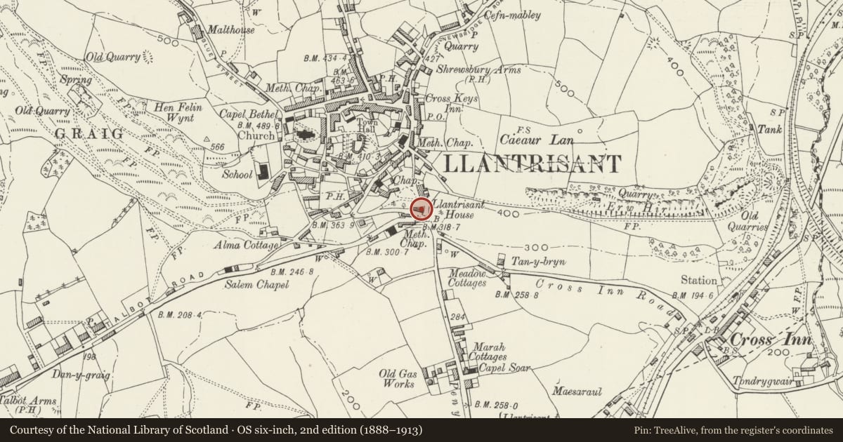 Ordnance Survey six-inch map, 2nd edition (1888–1913) covering the location of Toll House Cottage, Llantrisant, Rhondda Cynon Taff, with a pin at the register's coordinates