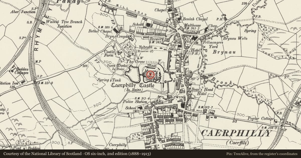 Ordnance Survey six-inch map, 2nd edition (1888–1913) covering the location of Caerphilly Castle, with a pin at the register's coordinates