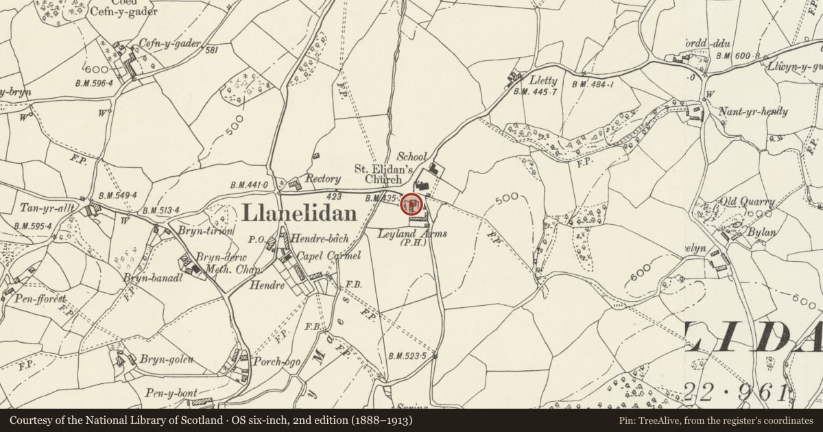 Ordnance Survey six-inch map, 2nd edition (1888–1913) covering the location of Leyland Arms PH, Llanelidan, Denbighshire, with a pin at the register's coordinates
