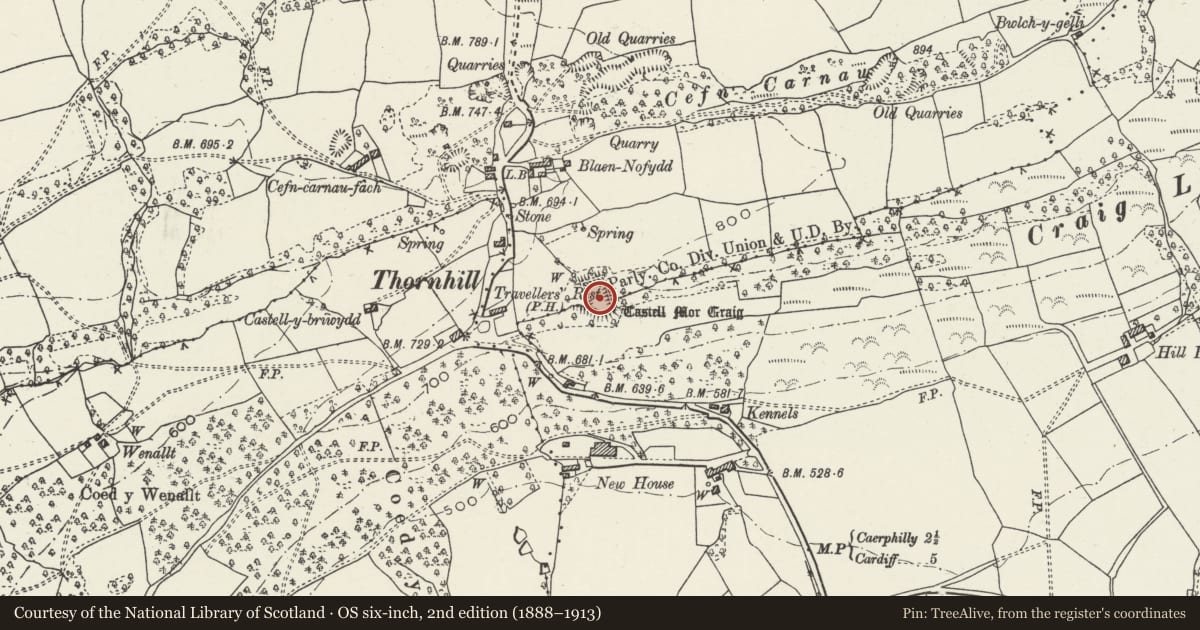 Ordnance Survey six-inch map, 2nd edition (1888–1913) covering the location of Castell Morgraig, Caerphilly, with a pin at the register's coordinates