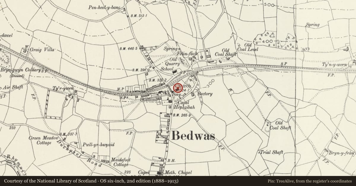 Ordnance Survey six-inch map, 2nd edition (1888–1913) covering the location of Church of St Barrwg, Bedwas, Trethomas and Machen, Caerphilly, with a pin at the register's coordinates