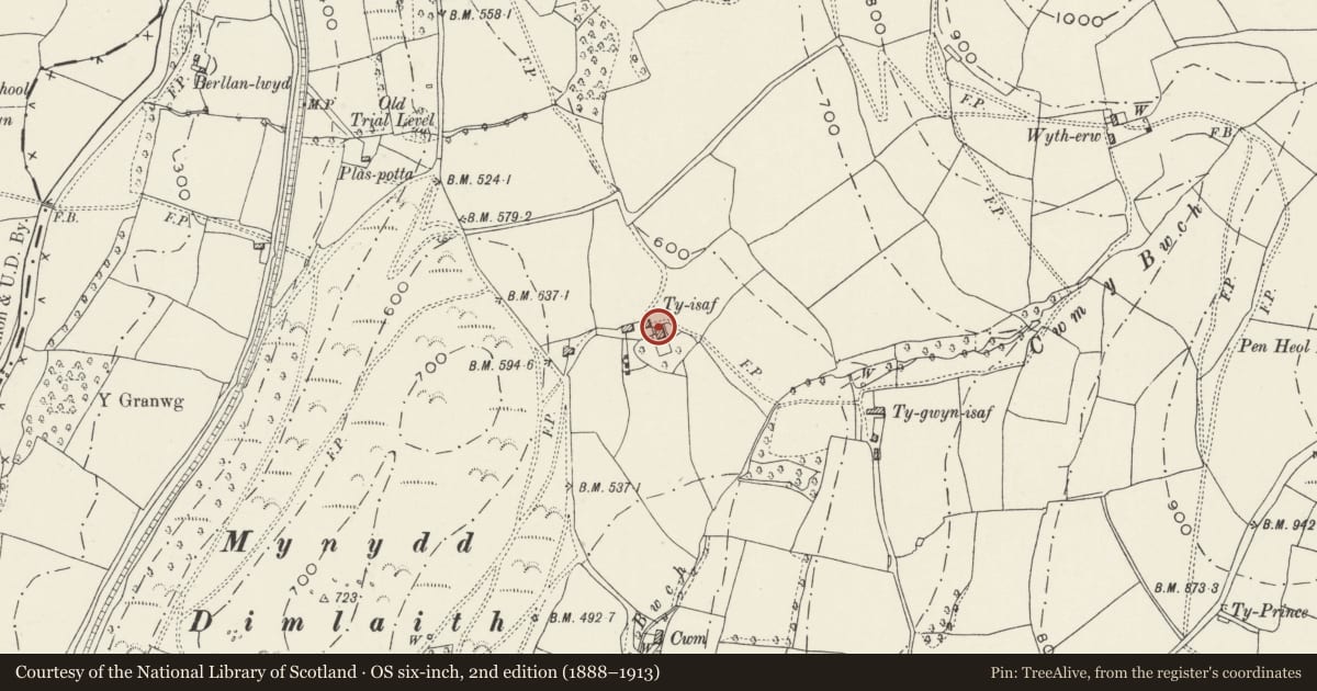Ordnance Survey six-inch map, 2nd edition (1888–1913) covering the location of Ty-Isaf Farmhouse, Bedwas, Trethomas and Machen, Caerphilly, with a pin at the register's coordinates