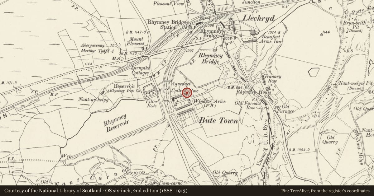 Ordnance Survey six-inch map, 2nd edition (1888–1913) covering the location of Nos 1-14 (consec) Collins Row, Rhymney, Caerphilly, with a pin at the register's coordinates