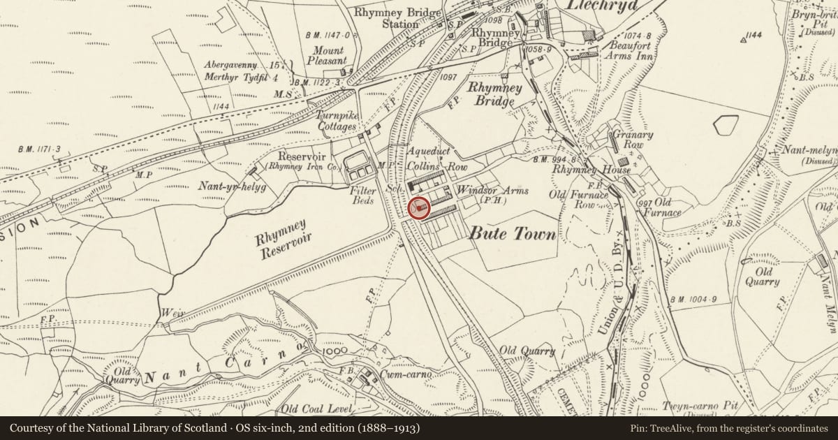 Ordnance Survey six-inch map, 2nd edition (1888–1913) covering the location of Nos 1-13 (consec) Middle Row & attached Windsor Arms PH, Rhymney, Caerphilly, with a pin at the register's coordinates