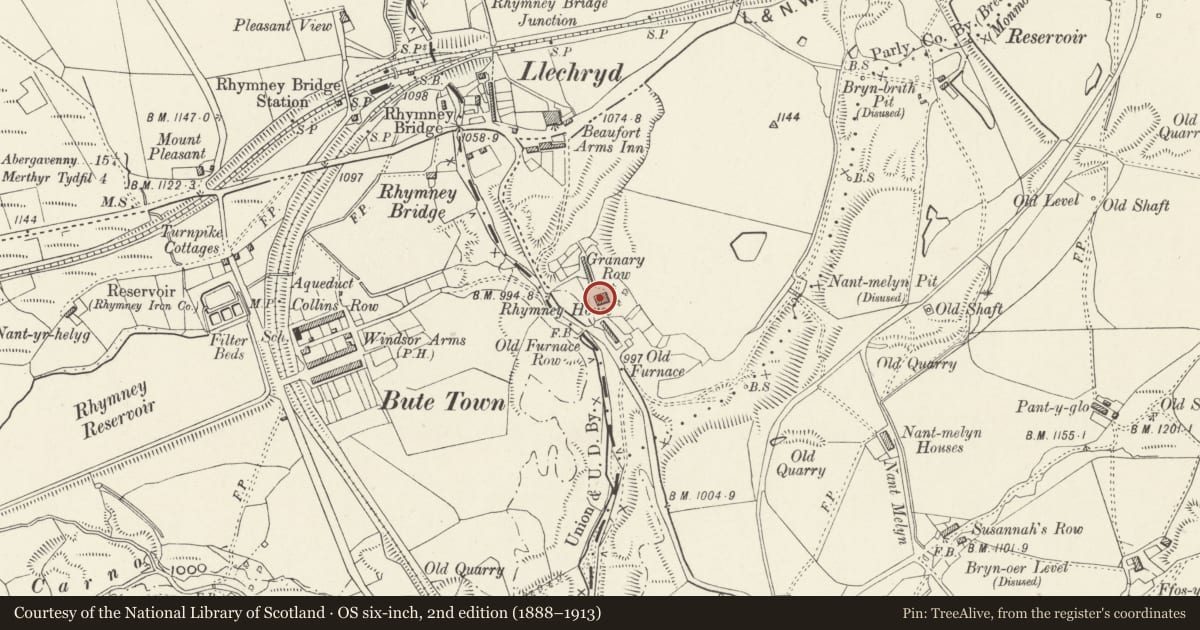 Ordnance Survey six-inch map, 2nd edition (1888–1913) covering the location of Rhymney House Hotel, Caerphilly, with a pin at the register's coordinates