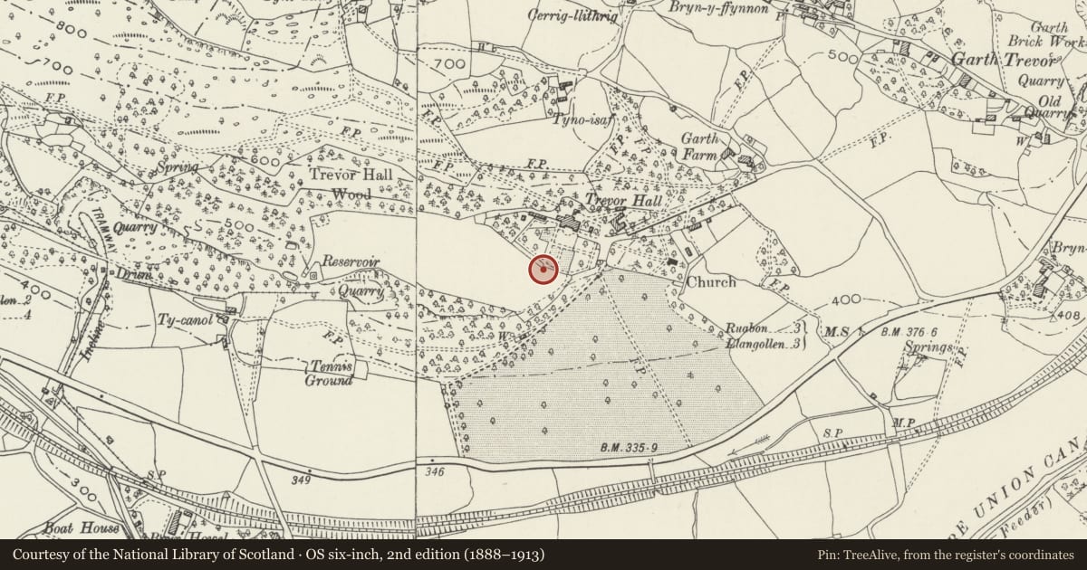 Ordnance Survey six-inch map, 2nd edition (1888–1913) covering the location of Summer-house & Walled Garden with Ha-ha and Gate Piers at Trevor Hall, Llangollen, Denbighshire, with a pin at the register's coordinates