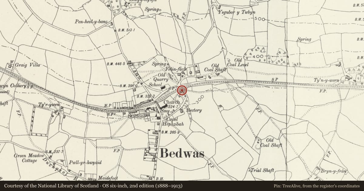 Ordnance Survey six-inch map, 2nd edition (1888–1913) covering the location of The Old Rectory, Bedwas, Trethomas and Machen, Caerphilly, with a pin at the register's coordinates