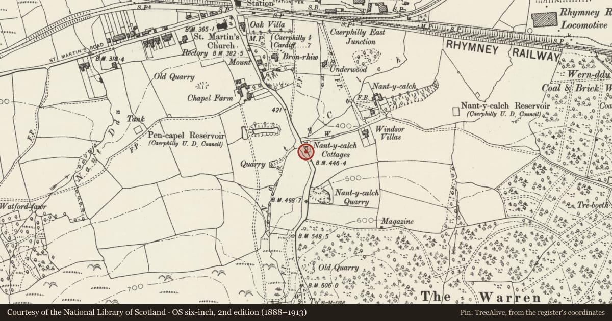 Ordnance Survey six-inch map, 2nd edition (1888–1913) covering the location of Milestone, Caerphilly, with a pin at the register's coordinates