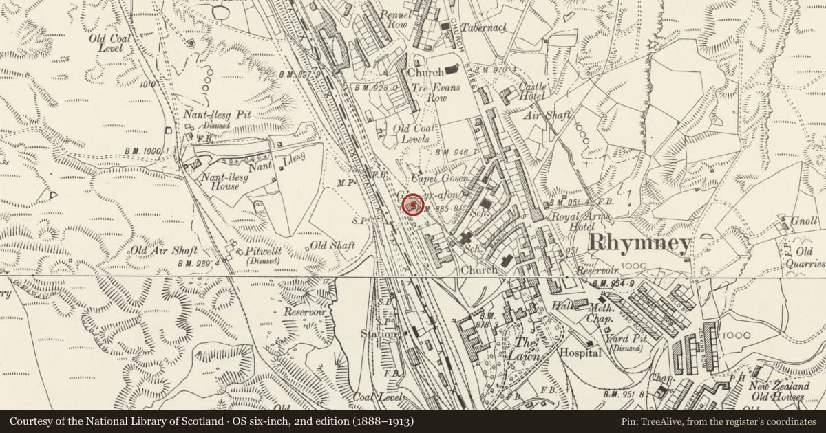 Ordnance Survey six-inch map, 2nd edition (1888–1913) covering the location of St David's (Masonic Hall) and attached NE and SW garden walls, Rhymney, Caerphilly, with a pin at the register's coordinates