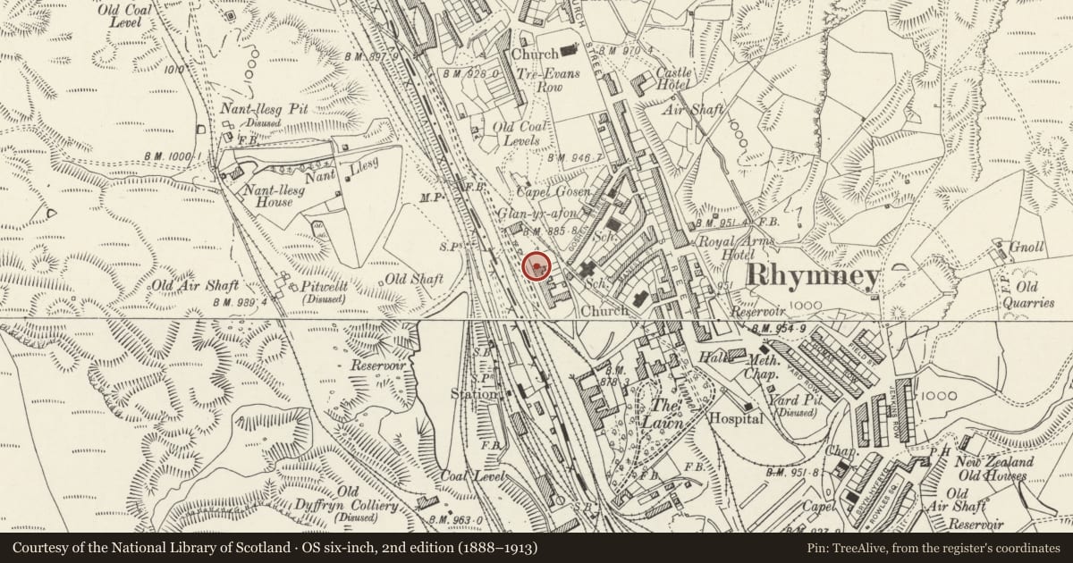 Ordnance Survey six-inch map, 2nd edition (1888–1913) covering the location of No.2 The Terrace and attached garden wall with gate piers, Rhymney, Caerphilly, with a pin at the register's coordinates