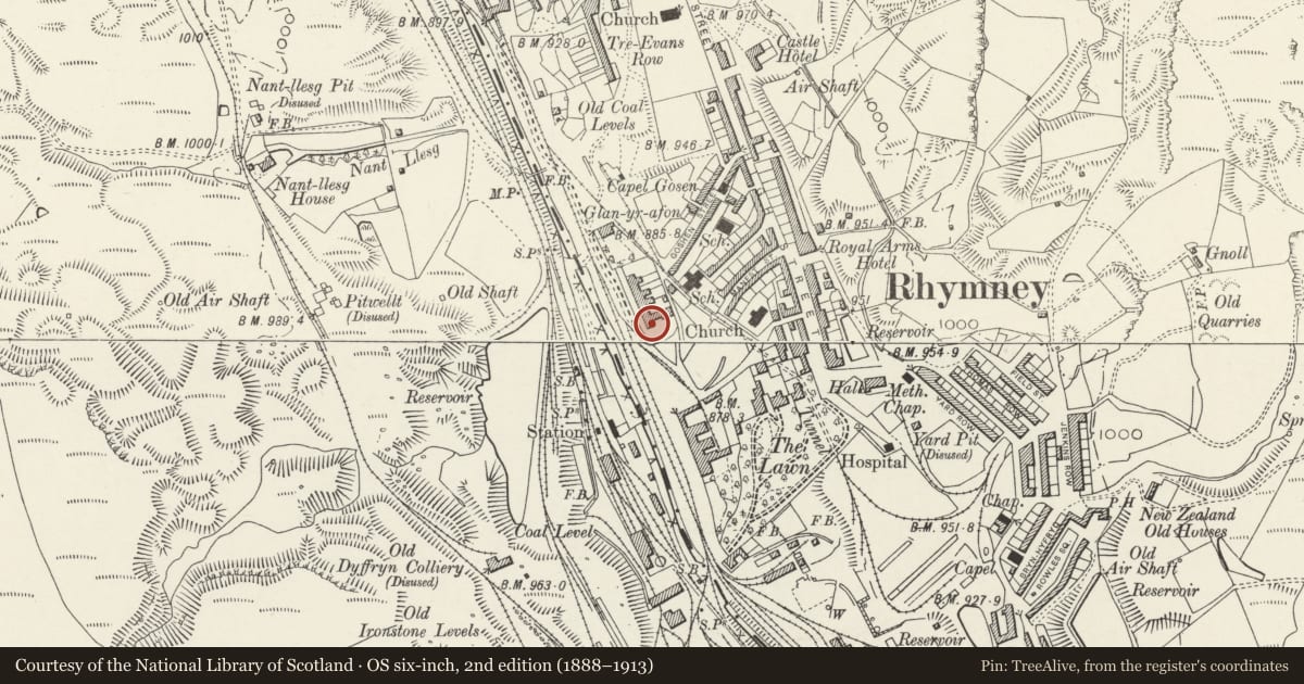 Ordnance Survey six-inch map, 2nd edition (1888–1913) covering the location of House and attached garden wall, Rhymney, Caerphilly, with a pin at the register's coordinates