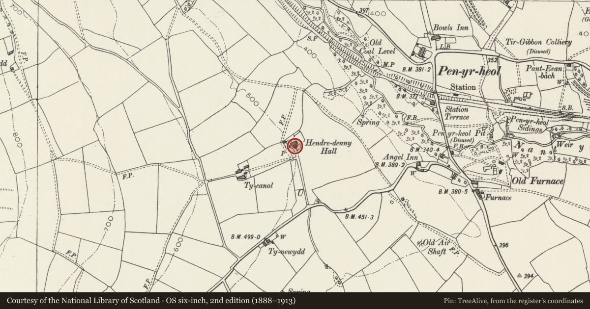 Ordnance Survey six-inch map, 2nd edition (1888–1913) covering the location of Hendredenny Hall, Penyrheol, Trecenydd and Energlyn, Caerphilly, with a pin at the register's coordinates