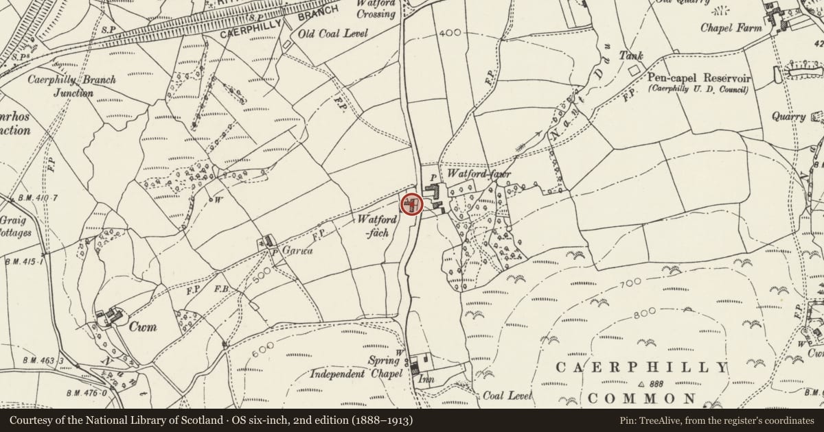 Ordnance Survey six-inch map, 2nd edition (1888–1913) covering the location of Watford Fach Farmhouse with adjoining former barn, Caerphilly, with a pin at the register's coordinates