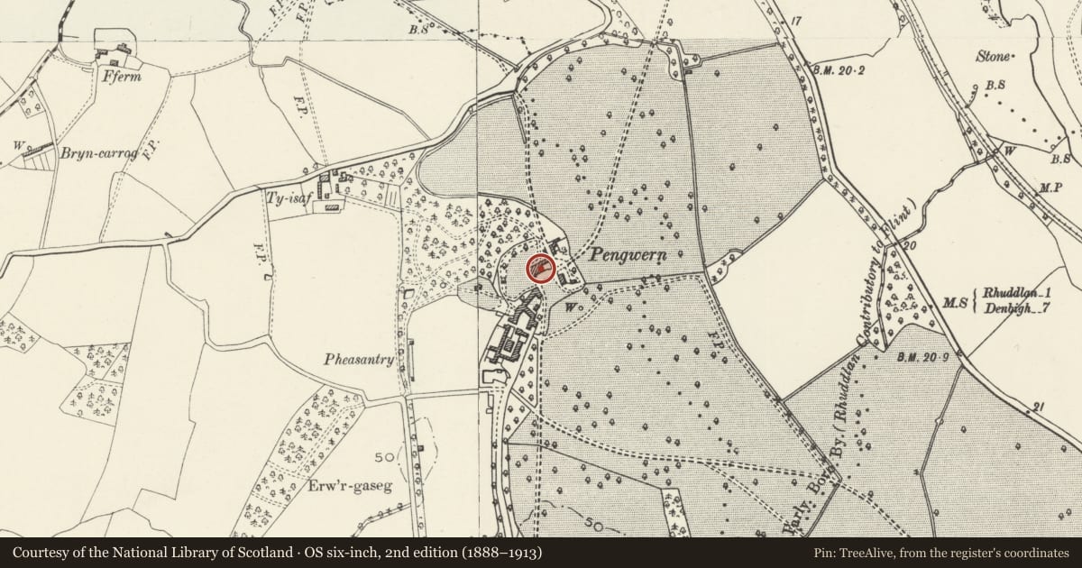 Ordnance Survey six-inch map, 2nd edition (1888–1913) covering the location of Pengwern Hall (Pengwern College), Bodelwyddan, Denbighshire, with a pin at the register's coordinates