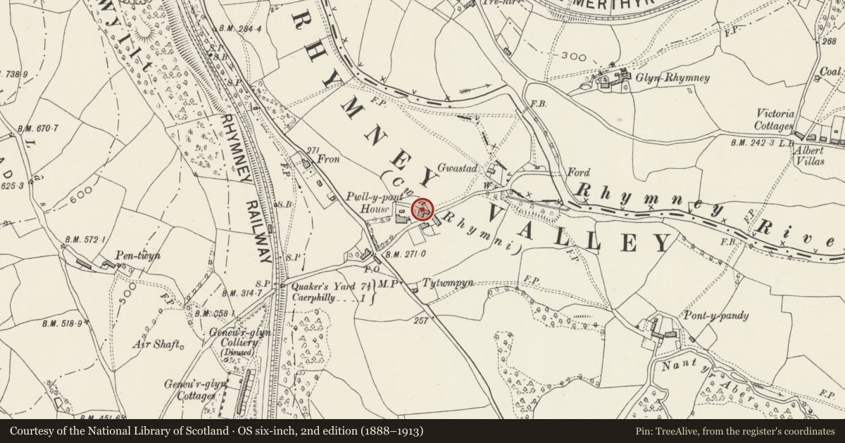 Ordnance Survey six-inch map, 2nd edition (1888–1913) covering the location of The Coach House, Pwll-y-Pant, Llanbradach and Pwllypant, Caerphilly, with a pin at the register's coordinates