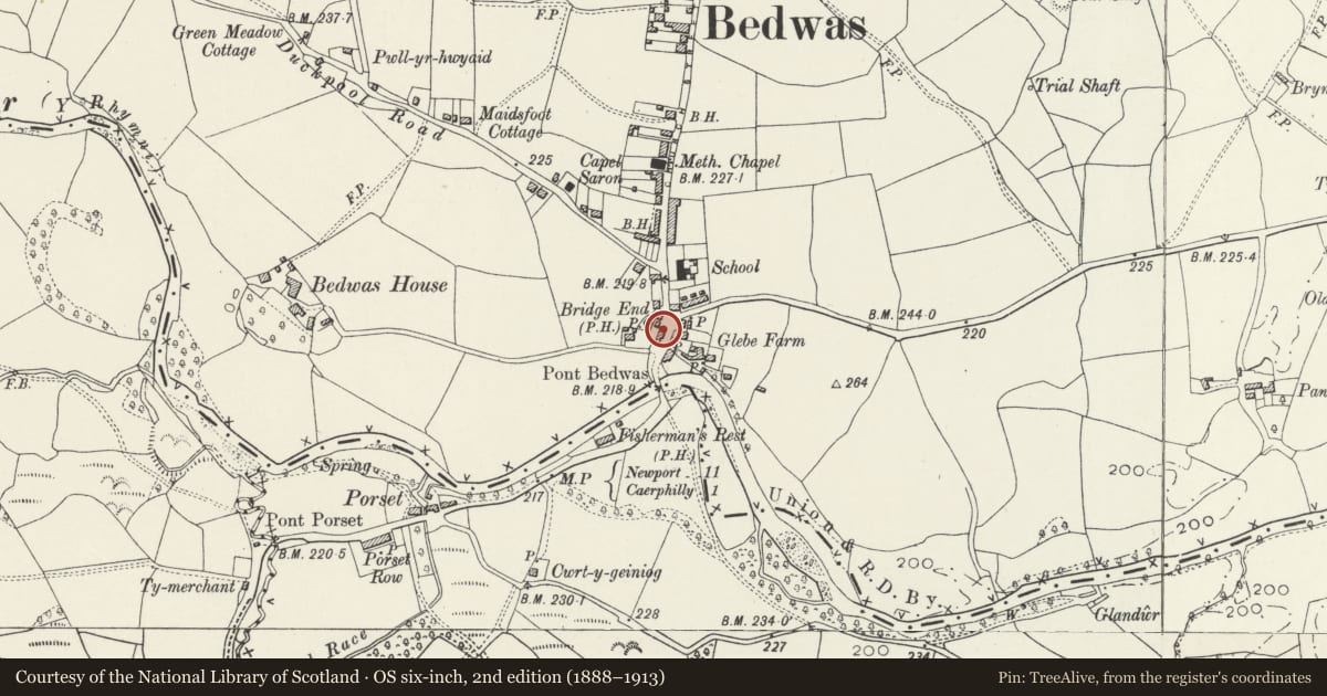 Ordnance Survey six-inch map, 2nd edition (1888–1913) covering the location of Bedwas Balti Restaurant, The Indian Cottage and Bridge Cottage, Bedwas, Trethomas and Machen, Caerphilly, with a pin at the register's coordinates