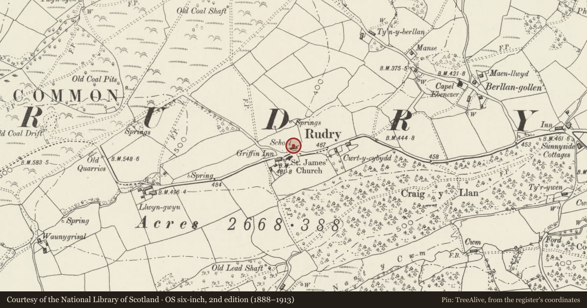 Ordnance Survey six-inch map, 2nd edition (1888–1913) covering the location of Old Church School House, Rudry, Caerphilly, with a pin at the register's coordinates