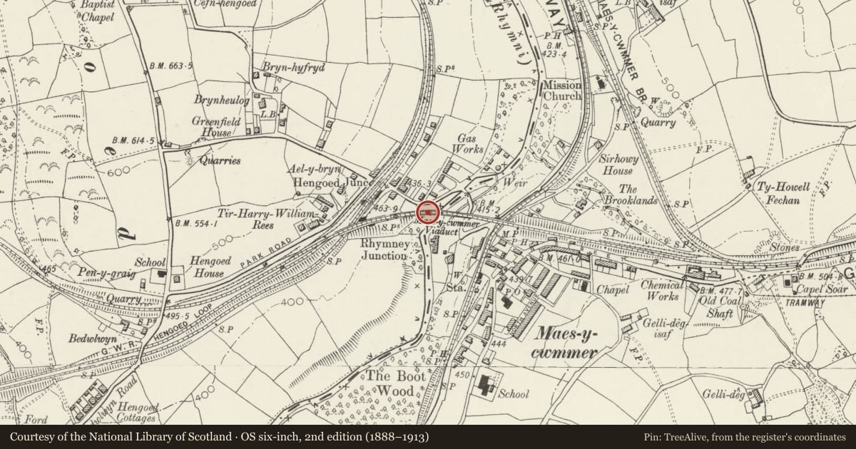 Ordnance Survey six-inch map, 2nd edition (1888–1913) covering the location of Hengoed Viaduct (partly in Maesycwmmer Community), Gelligaer, Caerphilly, with a pin at the register's coordinates