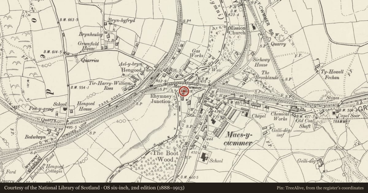 Ordnance Survey six-inch map, 2nd edition (1888–1913) covering the location of The Woollen Mill, Maesycwmmer, Caerphilly, with a pin at the register's coordinates
