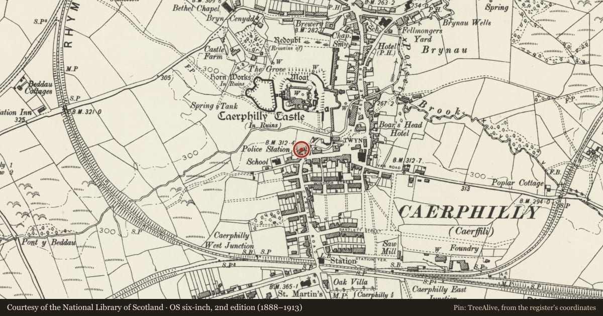 Ordnance Survey six-inch map, 2nd edition (1888–1913) covering the location of The Court House, Caerphilly, with a pin at the register's coordinates
