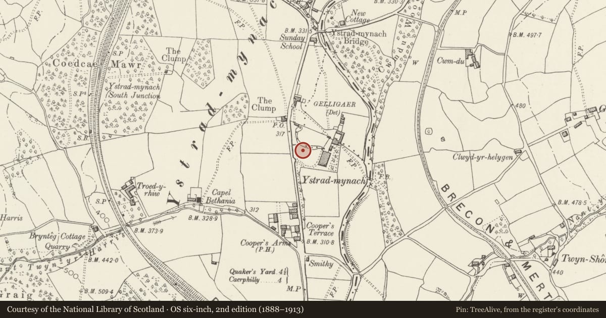 Ordnance Survey six-inch map, 2nd edition (1888–1913) covering the location of Old Fire Station, Gelligaer, Caerphilly, with a pin at the register's coordinates
