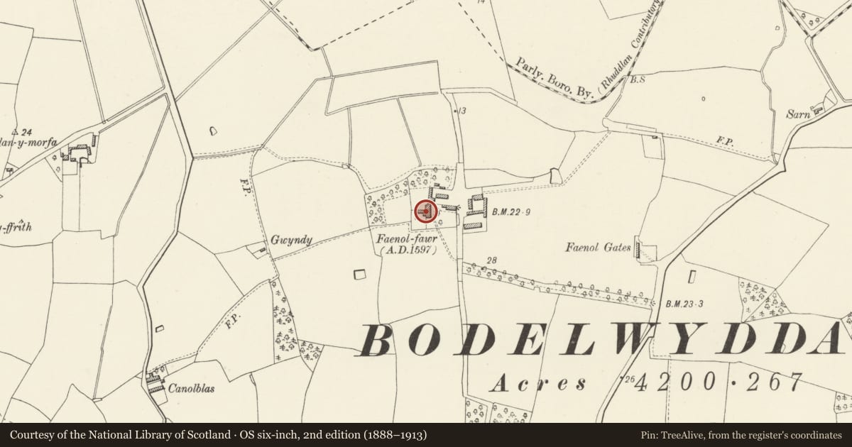 Ordnance Survey six-inch map, 2nd edition (1888–1913) covering the location of Faenol Fawr, Bodelwyddan, Denbighshire, with a pin at the register's coordinates