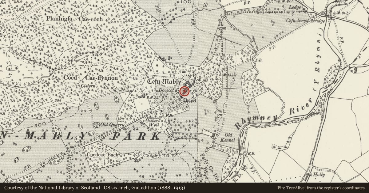 Ordnance Survey six-inch map, 2nd edition (1888–1913) covering the location of Cefn Mably, Rudry, Caerphilly, with a pin at the register's coordinates