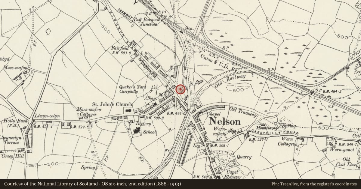 Ordnance Survey six-inch map, 2nd edition (1888–1913) covering the location of Handball Court, Nelson, Caerphilly, with a pin at the register's coordinates